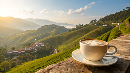 A steaming cup of latte coffee with artful foam sits on a stone ledge overlooking a lush green mountain landscape at sunrise, with a small village nestled in the valley below