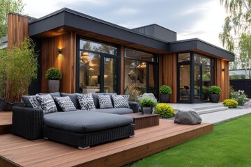 Modern outdoor living space features a stylish chaise lounge set on a wooden deck, next to a contemporary home with large windows.