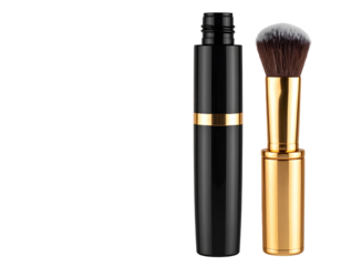Black and gold luxury mascara tube, eye cream jar, and brush isolated on a transparen