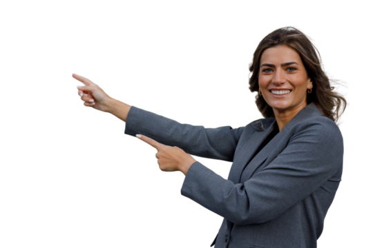 Businesswoman smiling, pointing left, presenting information, offering guidance with a cheerful expression on transparent background