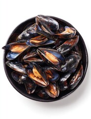 Freshly cooked mussels in a dark bowl