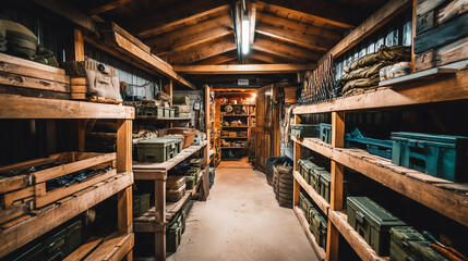 Obraz premium Industrial dark room in the building, ammunition boxes, dirty, deserted and ownerless