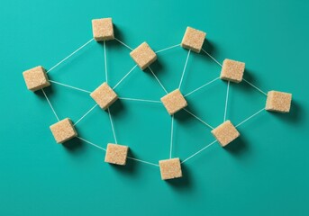 Network of interconnected wooden blocks on a teal background