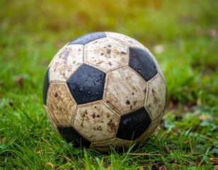 A well-used classic soccer ball, covered in dirt and mud, sits on a vibrant green grass field after an intense game