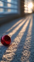 cozy visual winter lifestyle scene texture light – Glittering Red Christmas Ornament on Carpet with Sunlit Shadows