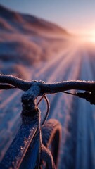 frost covered bicycle snow path sunrise winter – Frost-Covered Bicycle on Snowy Path at Sunrise