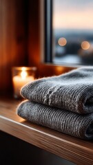 cozy visual winter lifestyle scene texture light – Cozy Folded Sweaters by Candlelight on a Wooden Window Sill