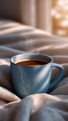 cozy knit blanket wooden chair sunset glow – Cozy Morning with a Hot Cup of Coffee on Soft Blanket