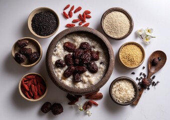 Healthy breakfast or meal components.  Various grains, dried fruit, and seeds arranged on white background