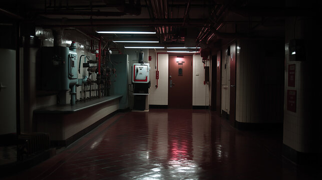 Abandoned industrial hallway with wet floor and cinematic lighting &mdash; game environment background