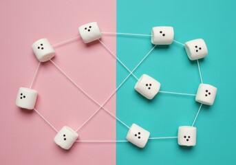 A network of white dice connected by strings on a split pink and blue background viewed from above