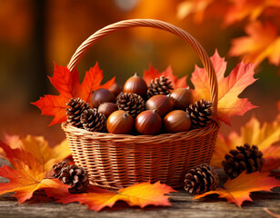 pine cones and acorns in a basket