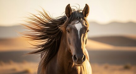 Close-up of a majestic brown horse with a white blaze running in a desert landscape.