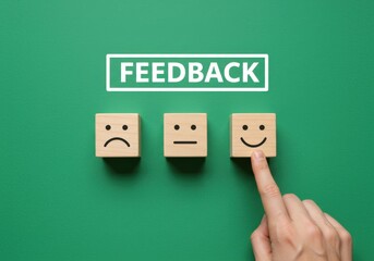 Hand pointing to a happy face emoticon on a wooden block in front of a green background with feedback sign
