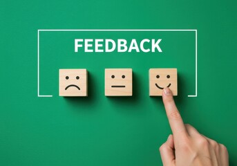 Hand choosing a happy face on wooden cubes with feedback options on a green background