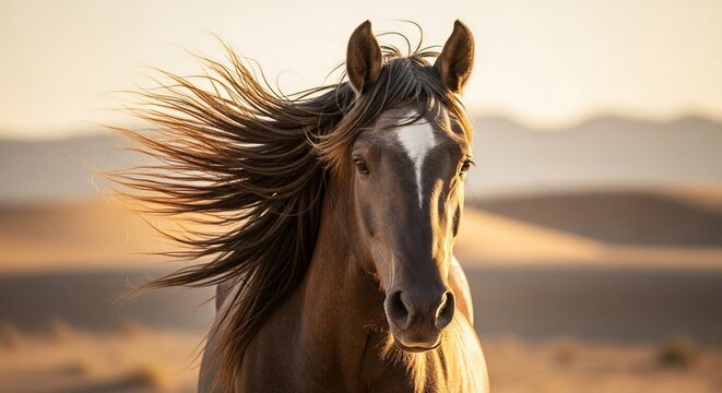 Close-up of a majestic brown horse with a white blaze running in a desert landscape.
