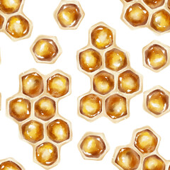 Seamless watercolor pattern of golden honey-filled honeycombs in a hexagonal shape. Perfect for packaging, tea branding, fabric, kitchen decor, cosmetics, and wellness products.