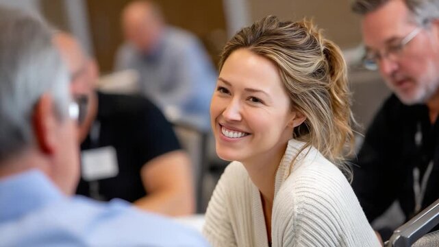 Smiling Woman in a Conference: A beautiful woman with a genuine smile radiates warmth and engagement, surrounded by a supportive group of colleagues at a conference, emphasizing connection.