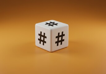 A single white dice with hash symbols on its visible faces sitting on a brown surface viewed from a slightly elevated angle.