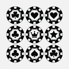 Obraz premium Stylized Casino Chips and Tokens, Vector Set of Black and White Gambling Icons with Card Suits, Crowns, and Stars for Game Design, Entertainment, Casino, and Leisure Graphics
