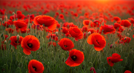 Field of Red Poppies at Sunset poppy flowers