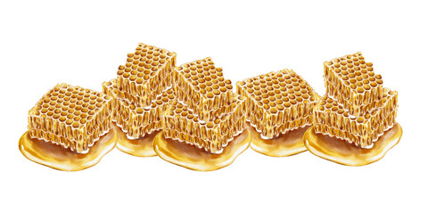 Horizontal watercolor composition stacked golden honeycombs dripping with thick honey. Illustration for packaging banners product decoration food branding eco design and holiday visuals.