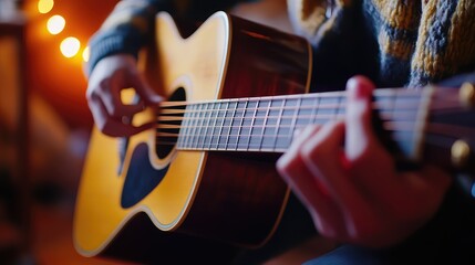 Obraz premium Person strumming acoustic guitar playing relaxing music
