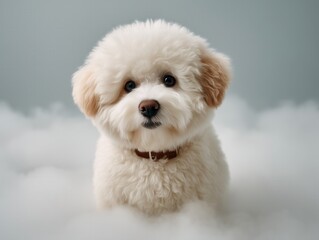 Obraz premium Adorable White Puppy with Brown Collar Sitting in Fluffy Clouds, Studio Portrait of a Cute and Fluffy Dog with a Sweet Expression on a Soft Background