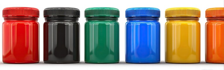 Row of colorful, cylindrical containers with lids