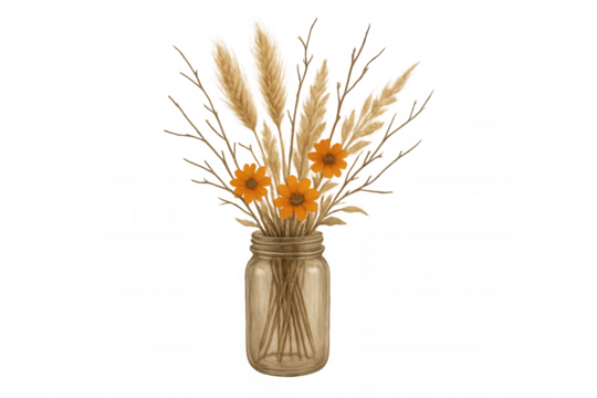 Autumn bouquet in a mason jar with dried wheat and orange flowers, watercolor illustration - Powered by Adobe