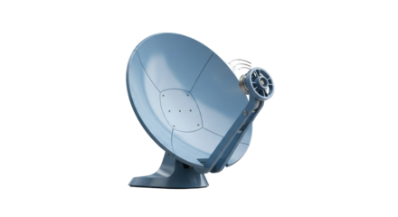 Isolated blue radar dish antenna, satellite receiver pointing upward to the sky