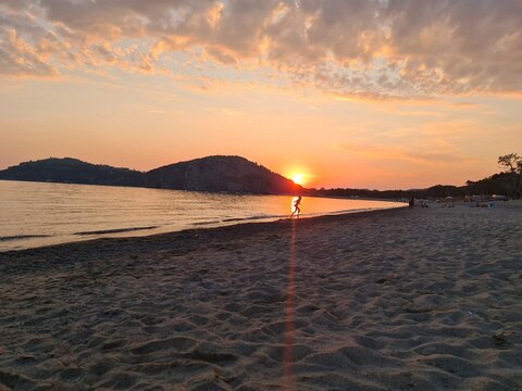 Panorama of an amazing sunset over the sea off the coast of Palinuro, province of Salerno in the Campania region of southwestern Italy, part of the Cilento traditional area