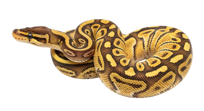 Isolated Ball Python in Coiled Position, Showing Scales and Markings in Yellow and Brown