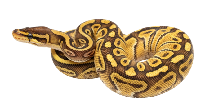 Isolated Ball Python in Coiled Position, Showing Scales and Markings in Yellow and Brown
