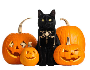 Black cat with skeleton design and pumpkins for Halloween isolated on a transparent