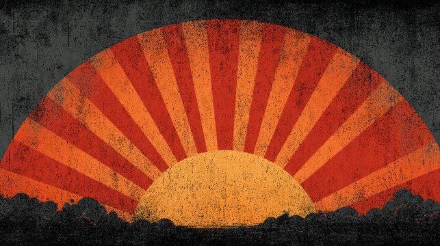 Stylized Retro Grunge Sunburst with Distressed Radiant Rays Over Dark Horizon - Abstract Vintage Graphic Background Illustration