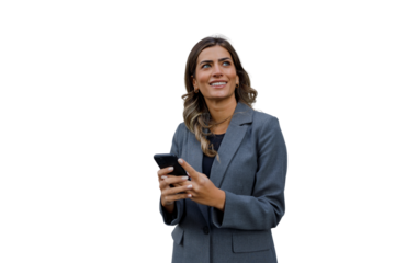 Professional woman using smartphone, looking up with a smiling expression, on transparent background