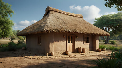 3D realistic render of a traditional mud house with thatched roof, earthen walls, surrounded by trees, sunny daylight