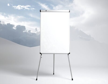 Blank whiteboard easel against a backdrop of mountains and clouds