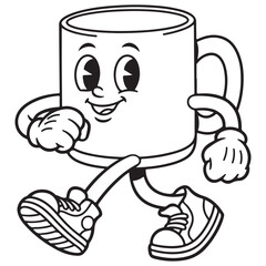 Black and white outline of a happy, retro cartoon coffee mug mascot wearing sneakers and walking. Vintage style beverage character for coloring pages, cafes, or morning designs.