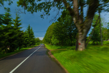 Obraz premium The effect of speed on the road and blurred objects. View of the road on a sunny summer day.