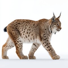 A graceful lynx confidently walking across a terrain. It's body is covered with unique spots, a captivating sight
