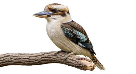 Isolated Laughing Kookaburra perching on a branch, an Australian bird with a distinctive call