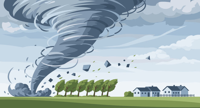 A massive tornado rips through a rural landscape tearing up trees and debris with houses visible in the distance.