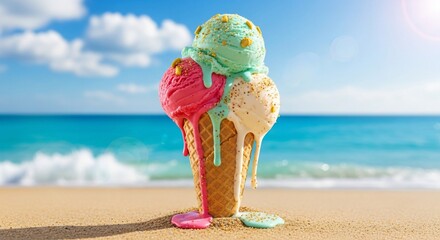 Three scoops of colorful melting ice cream on a sandy beach with the ocean and blue sky in the background on a sunny day.