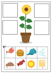 Cut and paste worksheet for kids to learn what plants need to grow, such as water, sun, air, and soil. What's plant needs worksheet for kids.