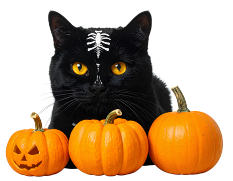 Black cat with skeleton design and pumpkins for Halloween isolated on a transparent 
