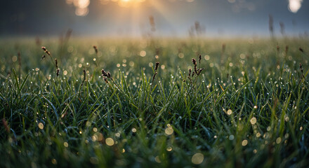 Morning Tranquility in a Sunlit Meadow with Blossoms, Bokeh, and Glowing Horizon