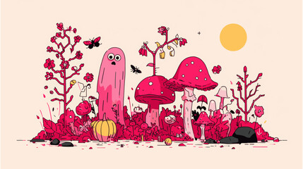 Weird cute pink halloween vector background: mushrooms, branches, flowers, bats, moth, ghost, moon, pumpkins, leaves, rocks.