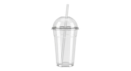 Isolated clear plastic cup with dome lid and straw, recyclable container for drink takeout